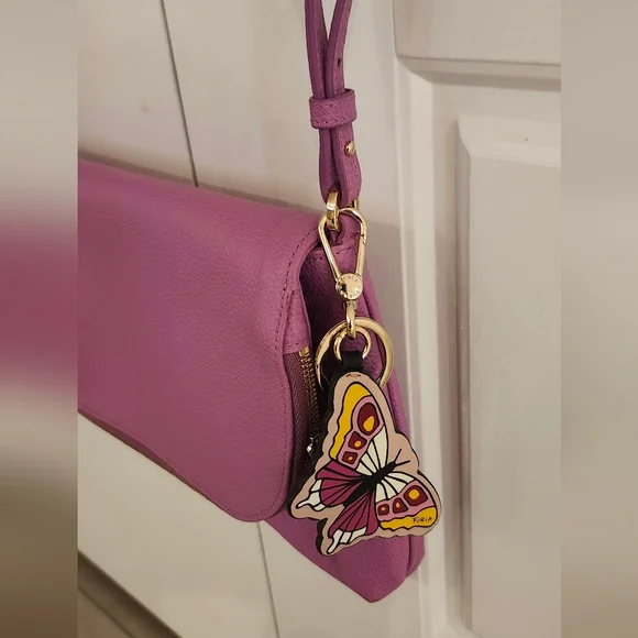 NWOT Furla $448 Pebbled Leather Crossbody Bag Pink Butterfly Bag Charm - Picture 2 of 7